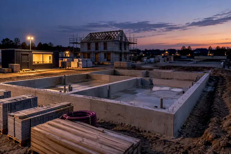 Fundering van een nieuwbouwwoning op een verlichte bouwplaats