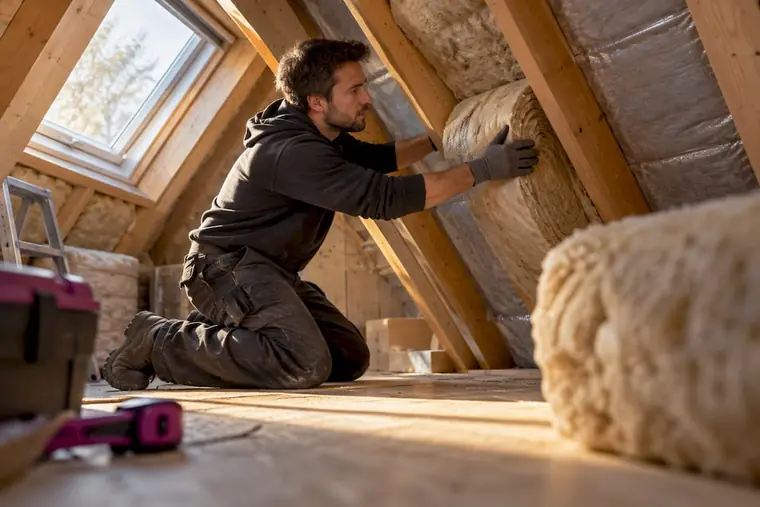 Isolatiemateriaal wordt aangebracht onder het dak van een koopwoning